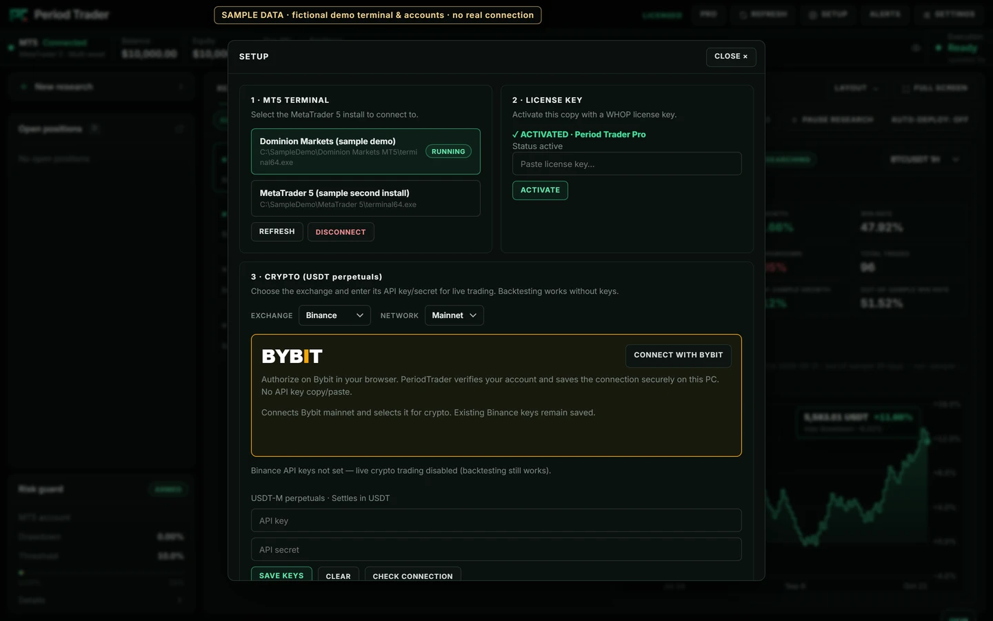 Dominion Markets setup in the native desktop app, using sample data